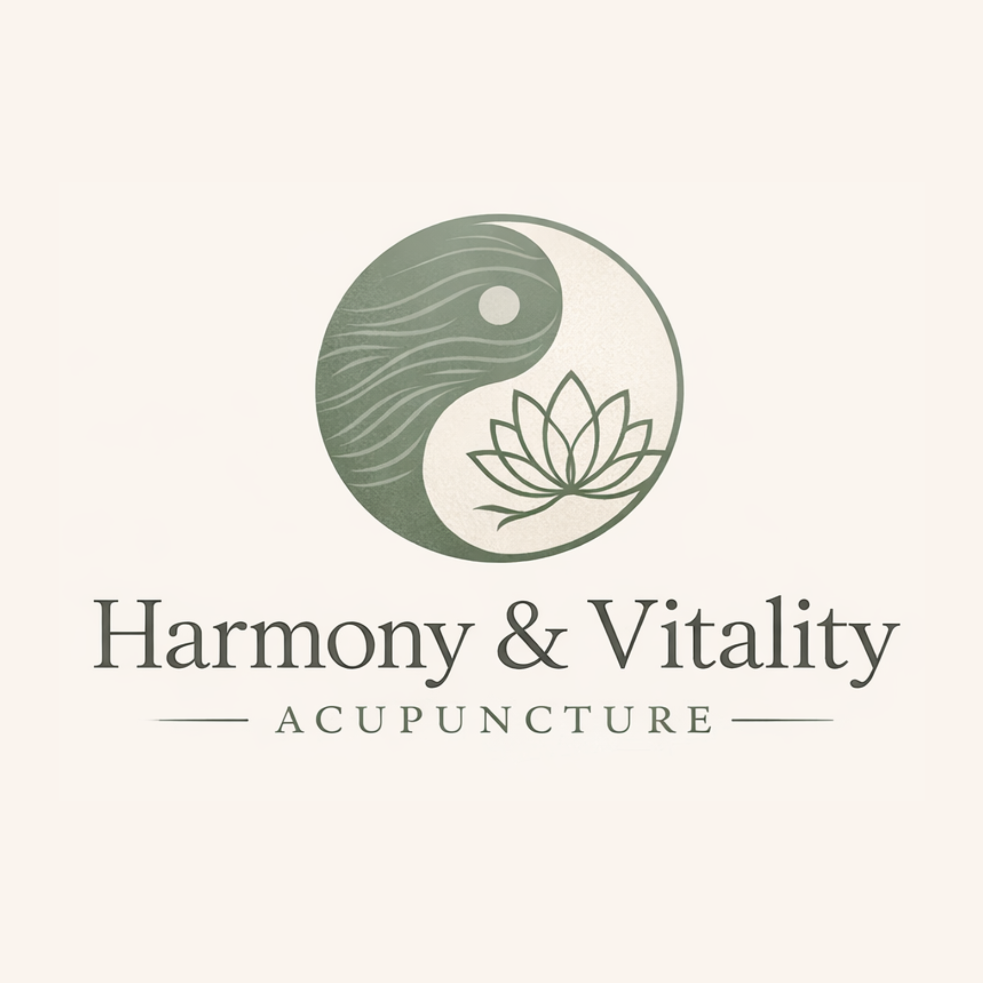 Yin and Yang symbol in green, with a lotus. Text beneath: Harmony & Vitality Acupuncture
